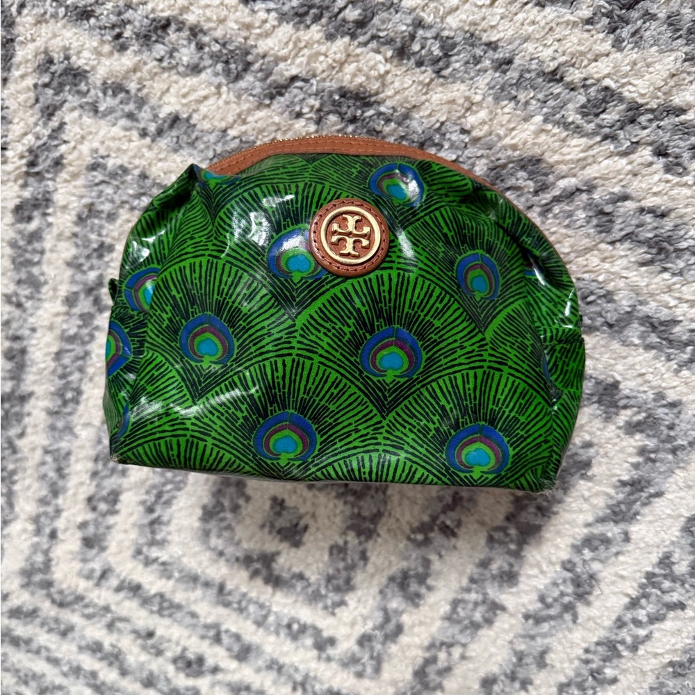 Tory Burch Green and Blue Peacock Cosmetic Bag